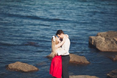 Sevimli gelin, manzara, dağlar ve denizin muhteşem Düğün çifti üzerinde zarif damat