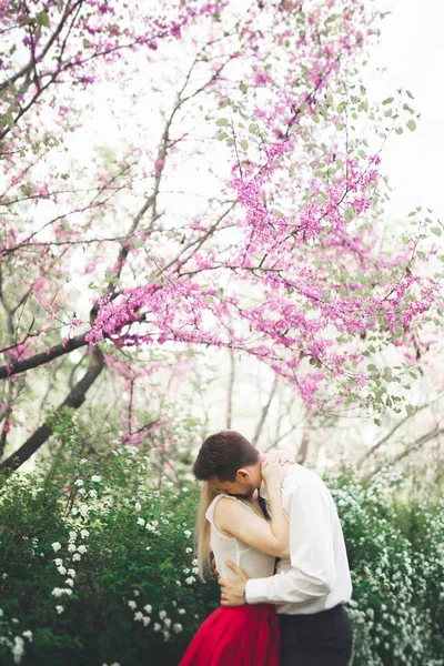 Κομψό και όμορφο ευτυχισμένος γάμος ζευγάρι φιλί και αγκαλιάζει σε βοτανικό κήπο — Φωτογραφία Αρχείου