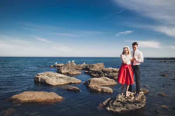 매력적인 신부, 산과 바다 화려한 결혼식 한 쌍의 우아한 신랑 — 스톡 사진