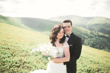 Güzel düğün çift, gelin ve damat, arka planda dağların aşık