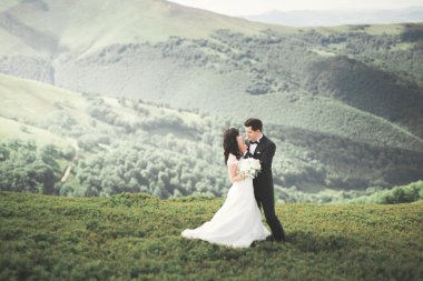 Öpüşen düğün çifti güzel manzarada kalıyor.