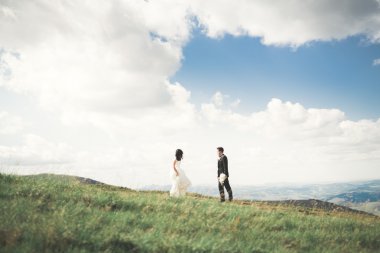 Öpüşen düğün çifti güzel manzarada kalıyor.