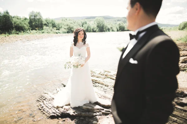 Элегантный стильный счастливая брюнетка невеста и великолепный жених на фоне красивого водопада в горах — стоковое фото