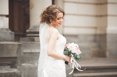 Eski şehirde poz lüks beyaz elbise ile harika gelin