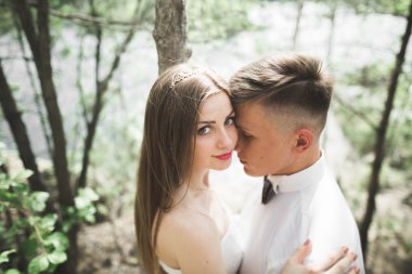 Düğün iki adam, öpüşme ve nehir, dağlar bir arka plan üzerinde sarılma gelin. Güzellik Portresi