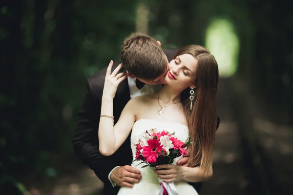 Lusso elegante giovane sposa e sposo sullo sfondo primavera soleggiata foresta verde — Foto Stock