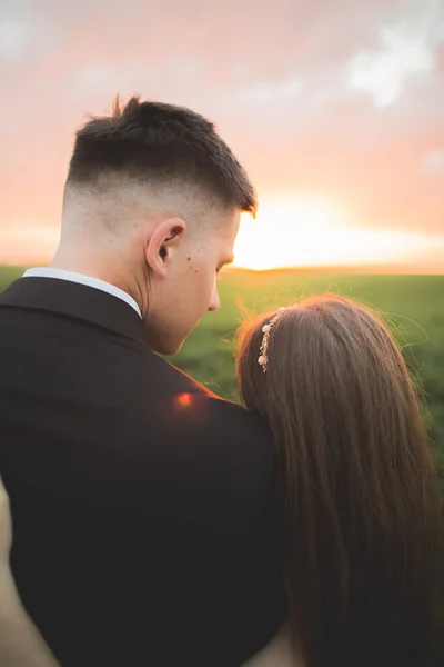 Groom está segurando e beijando sua noiva no pôr do sol de fundo — Fotografia de Stock