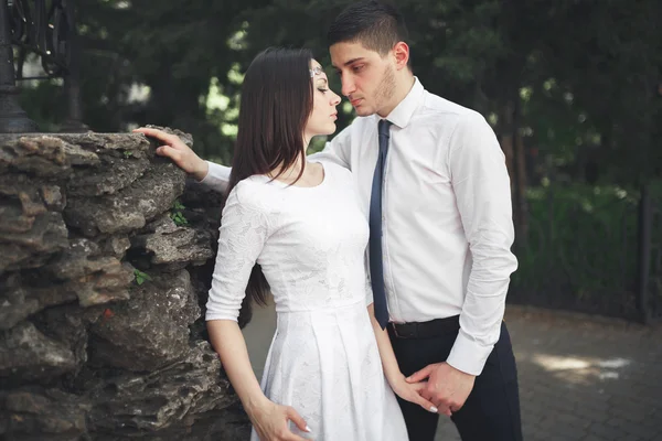 Hermoso recién casados posando cerca de la hermosa pared de plantas arbustos árboles en el día de su boda — Foto de Stock