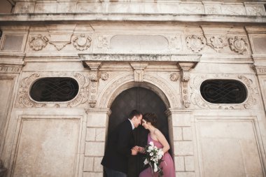Yanında bir kilise poz zarif güzel düğün çifti. Krakow