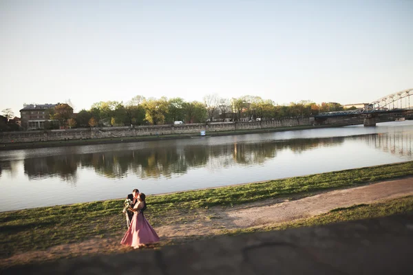 美丽独特对夫妇走进你的婚礼在克拉科夫附近河 Visla — 图库照片