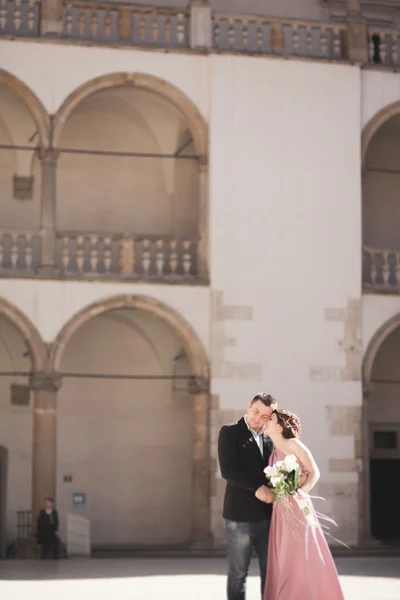 Gelukkig huwelijk bruidegom, paar, bruid met roze jurk knuffelen en glimlachen elkaar op de achtergrond muren in kasteel — Stockfoto