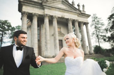 Mutlu düğün kaç sarılma ve öpüşme üzerinde arka plan eski kale