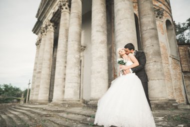 Şehvetli evli çift, eski Slav kalesinin önünde sevgililer günü kucaklaşması.