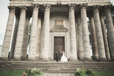 Güzel, romantik bir düğün. Yeni evliler. Eski kalenin yakınlarında sarılıyorlar.