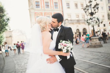 Mükemmel bir çift gelin ve damat düğün günlerinde poz verip öpüşürler.