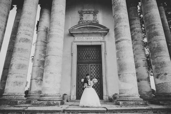 Hermosa boda romántica pareja de recién casados abrazos cerca del viejo castillo —  Fotos de Stock