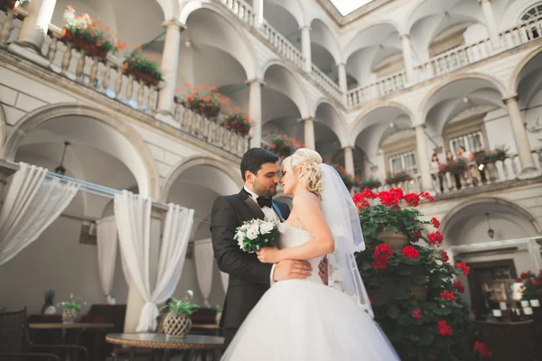 Lüks evli çift, gelin ve damat eski şehirde poz veriyor. — Stok fotoğraf