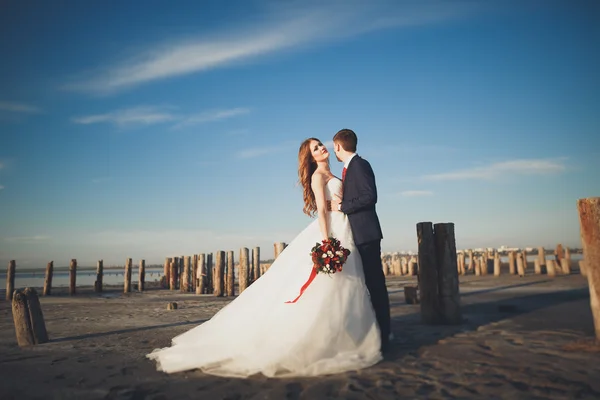 优雅时尚的幸福的新婚夫妇，新娘，美丽的新郎在大海和天空的背景下 — 图库照片