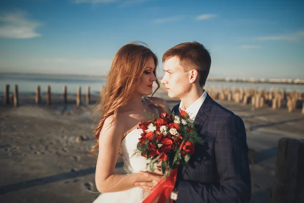 Elegante pareja de boda feliz elegante, novia, magnífico novio en el fondo del mar y el cielo — Foto de Stock