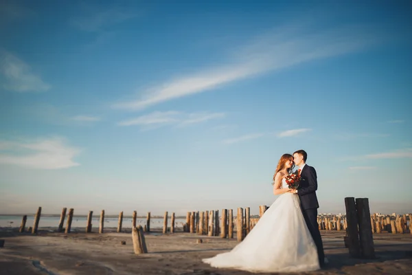 Elegante pareja de boda feliz elegante, novia, magnífico novio en el fondo del mar y el cielo — Foto de Stock