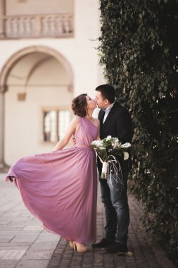 Mutlu düğün çift, damat, Gelin pembe elbise ile sarılma ve birbirlerine arka plan üzerinde gülümseyen duvarlar kalede