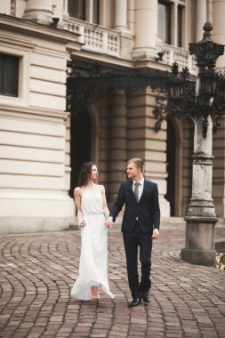 Güzel düğün çift, Gelin, damat öpüşme ve tiyatro arka planı sarılma