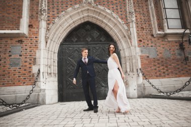 Muhteşem düğün çift, Gelin, damat yakınındaki eski kapısı bina poz