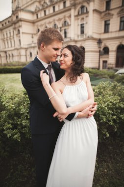 Güzel düğün çift, Gelin, damat öpüşme ve tiyatro arka planı sarılma