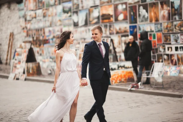 Gyönyörű esküvői pár, menyasszony, vőlegény, csók, és átölelte a háttérben a festmények — Stock Fotó