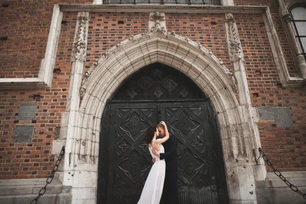Hermosa pareja de boda, novia, novio posando cerca del antiguo edificio de la puerta — Foto de Stock