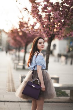 Modern elbise eski bir Krakow poz ile genç Asyalılar kız