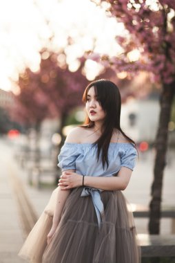 Modern elbise eski bir Krakow poz ile genç Asyalılar kız