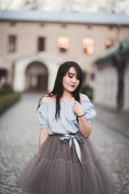 Modern elbise eski bir Krakow poz ile genç Asyalılar kız
