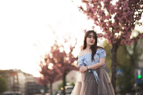 Jóvenes asiáticos chica con vestido moderno posando en una vieja Cracovia — Foto de Stock