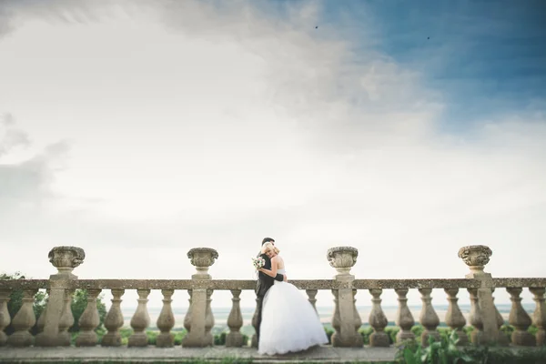 Feliz casamento casal abraçando e beijando no fundo velho castelo — Fotografia de Stock