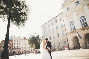 Lüks evli çift, gelin ve damat eski şehirde poz veriyor.