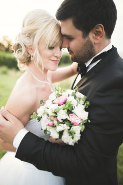 Güzel çift genç gelin ve damat günbatımı arka plan üzerinde. Güzel gökyüzü