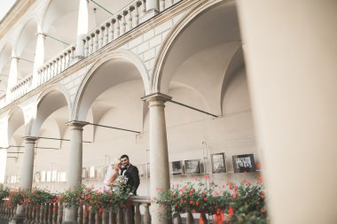 Mükemmel bir çift gelin ve damat düğün günlerinde poz verip öpüşürler.