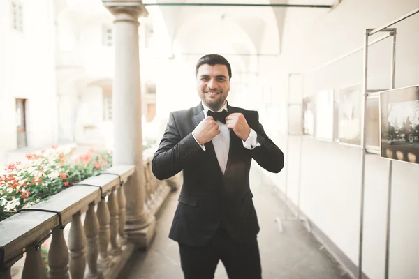 Elegante novio posando sobre fondo viejo castillo —  Fotos de Stock