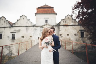 Güzel, romantik bir düğün. Yeni evliler. Eski kalenin yakınlarında sarılıyorlar.