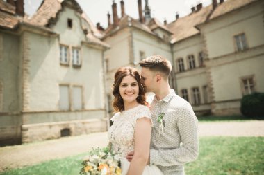 Güzel, romantik bir düğün. Yeni evliler. Eski kalenin yakınlarında sarılıyorlar.