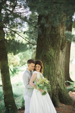 Romantik, peri masalı, mutlu yeni evli çift parkta sarılıp öpüşüyor, arka planda ağaçlar...