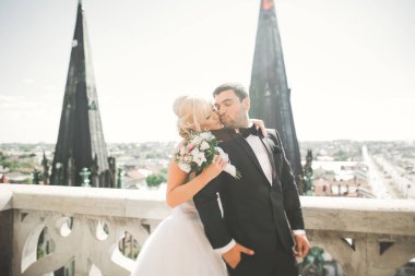 Güzel bir düğün çifti eski kasabanın arka plan panoramik manzarasında öpüşüp sarılıyor.