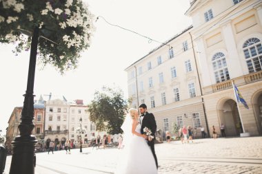 Lüks evli çift, gelin ve damat eski şehirde poz veriyor.