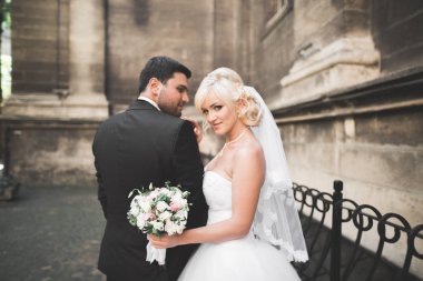 Lüks evli çift, gelin ve damat eski şehirde poz veriyor.