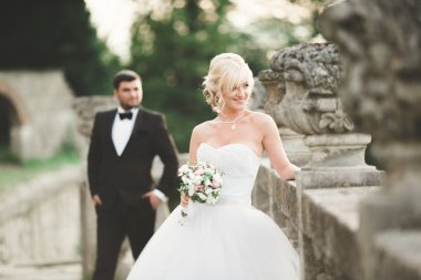 Güzel, romantik bir düğün. Yeni evliler. Eski kalenin yakınlarında sarılıyorlar.