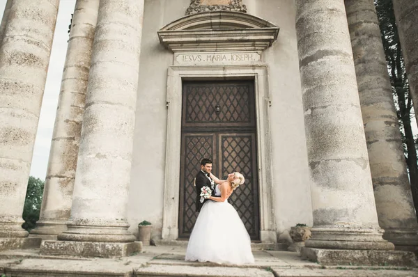 Feliz boda pareja abrazos y besos en el fondo viejo castillo —  Fotos de Stock