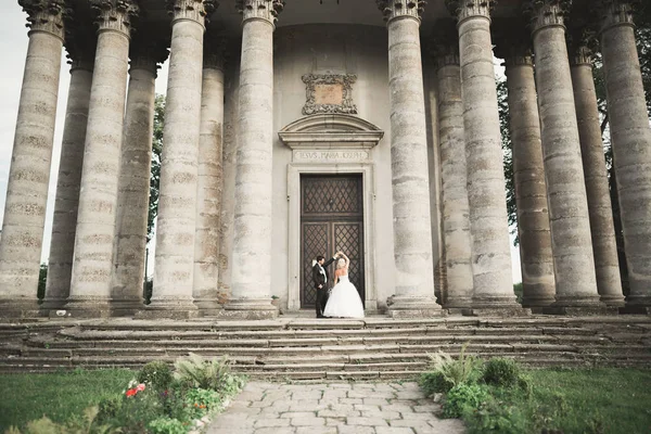 Feliz boda pareja abrazos y besos en el fondo viejo castillo —  Fotos de Stock