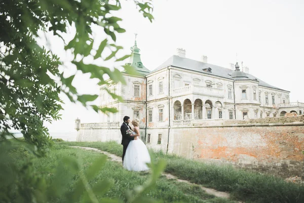 행복 한 웨딩 커플 포옹과 배경 오래 된 성곽에 키스 — 스톡 사진