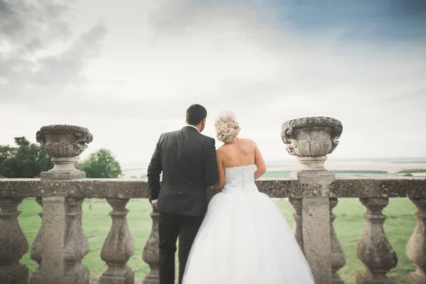 Feliz boda pareja abrazos y besos en el fondo viejo castillo —  Fotos de Stock